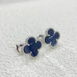 Clover-Shaped Marbled Blue Stone Beaded Metal Clip-On Earrings