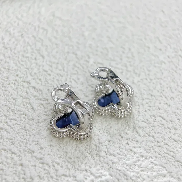 Clover-Shaped Marbled Blue Stone Beaded Metal Clip-On Earrings 3