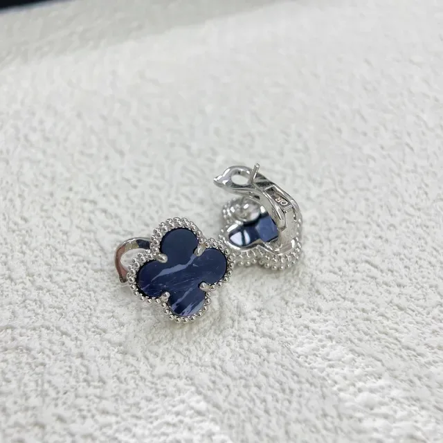 Clover-Shaped Marbled Blue Stone Beaded Metal Clip-On Earrings 4