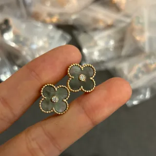Clover-Shaped Mother-of-Pearl and Crystal Stud Earrings