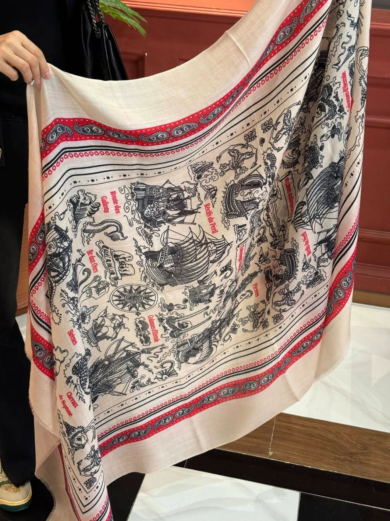 Cream and Red Nautical Map Print Silk Scarf 2