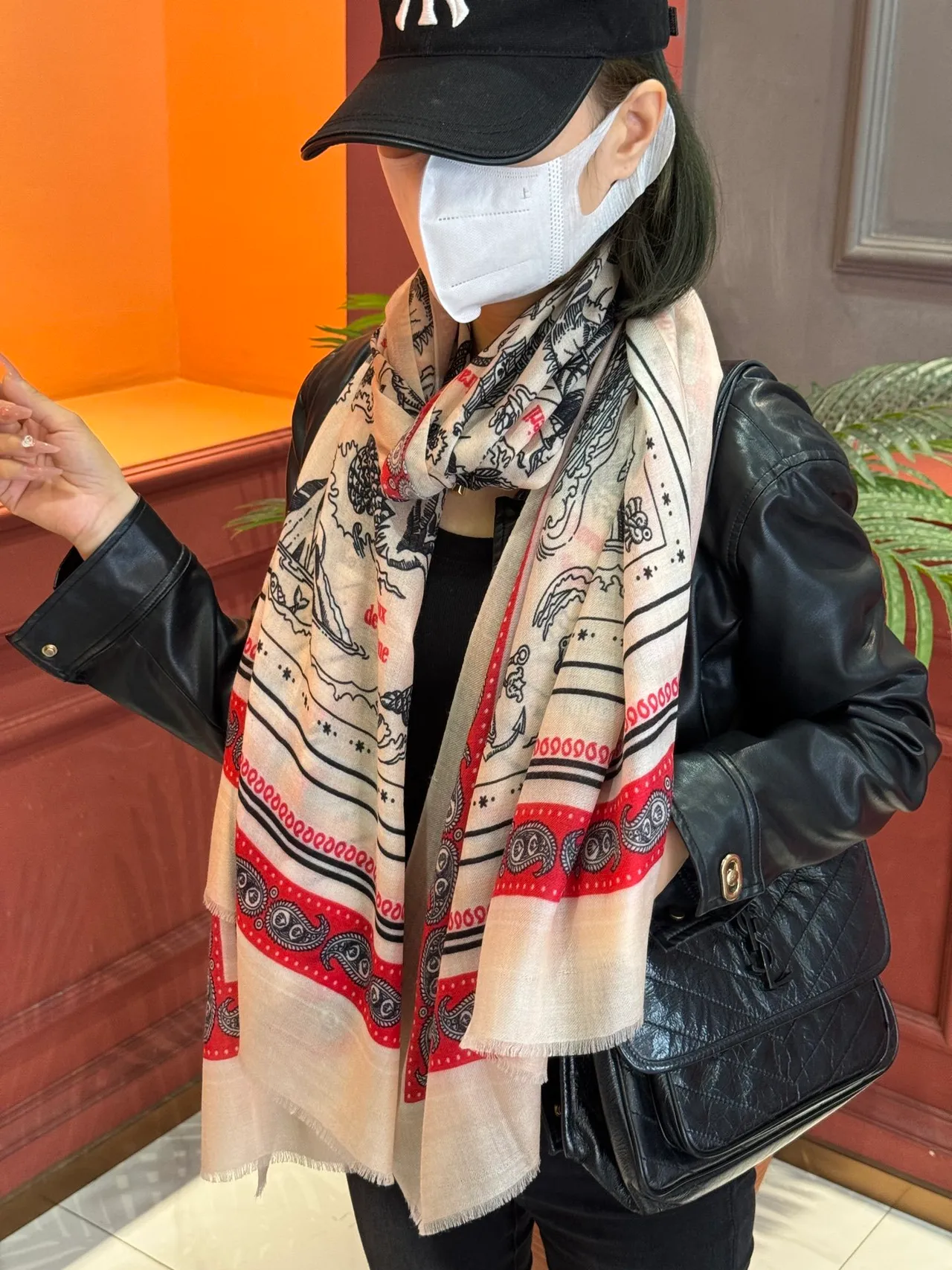 Cream and Red Nautical Map Print Silk Scarf 4