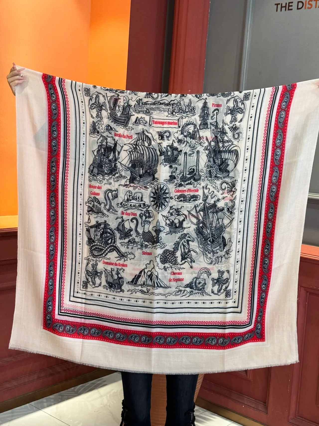 Cream and Red Nautical Map Print Silk Scarf 9