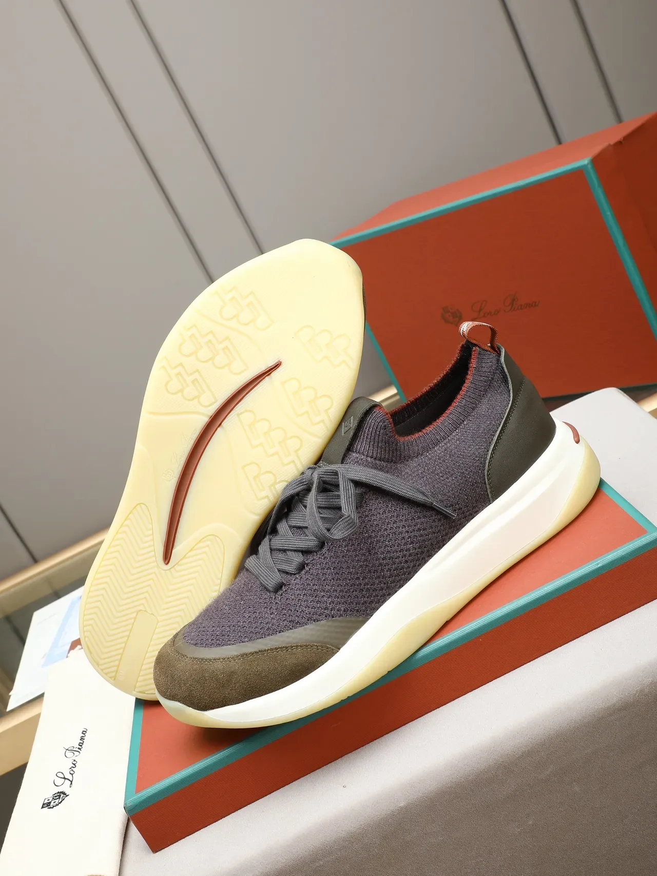 Dark Purple Knit and Olive Suede Lifestyle Sneaker 4