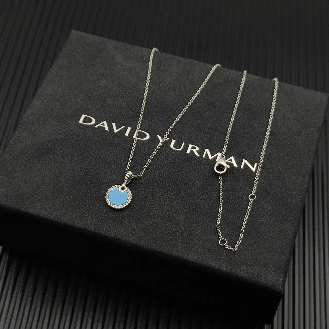 David Yurman Albion Blue Silver Circular Disc Pendant Pavé Halo Necklace 6