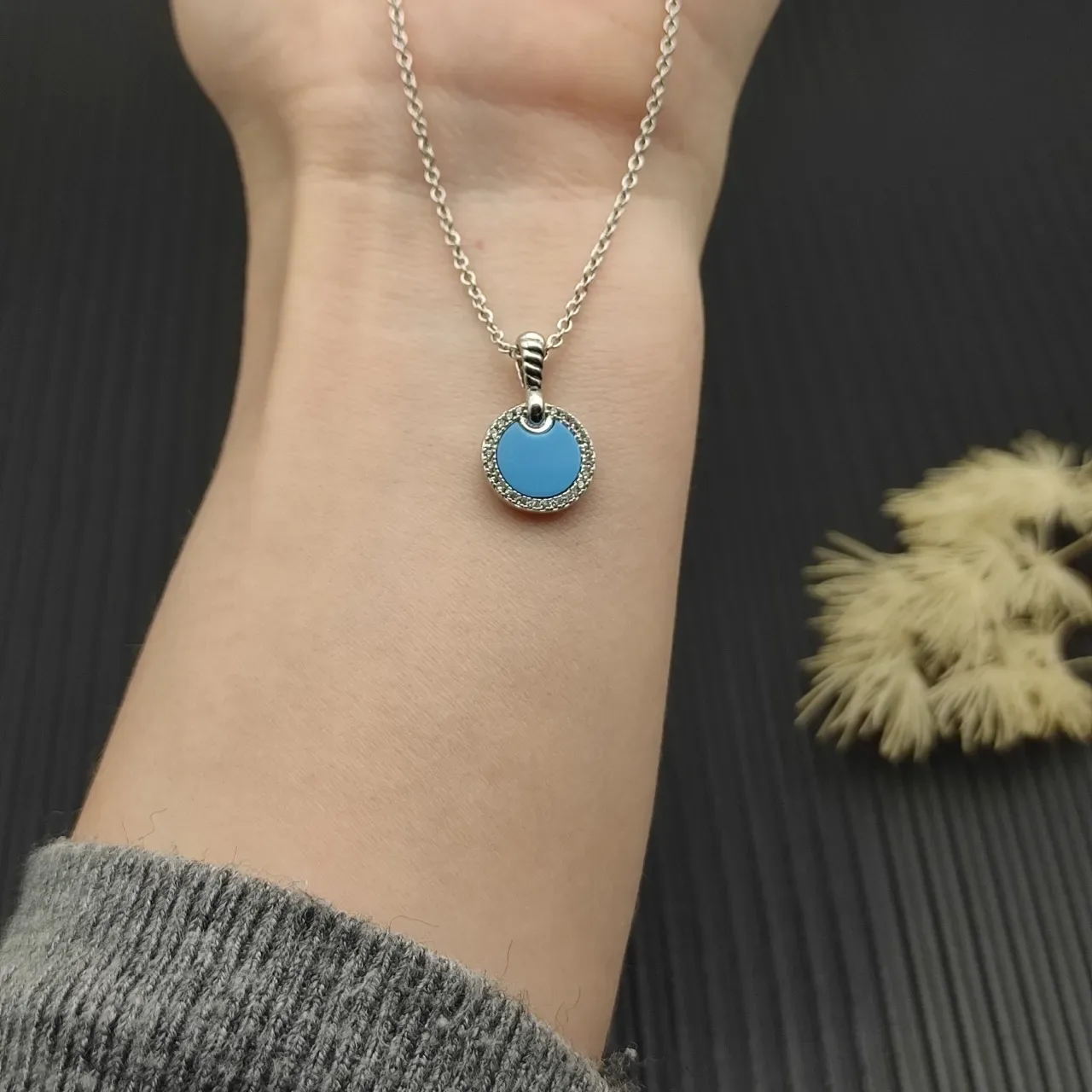 David Yurman Albion Blue Silver Circular Disc Pendant Pavé Halo Necklace 7