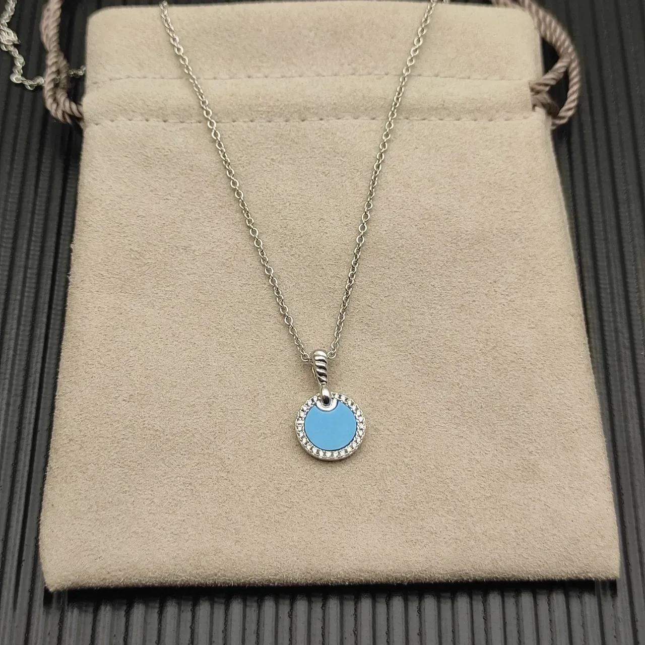 David Yurman Albion Blue Silver Circular Disc Pendant Pavé Halo Necklace 9