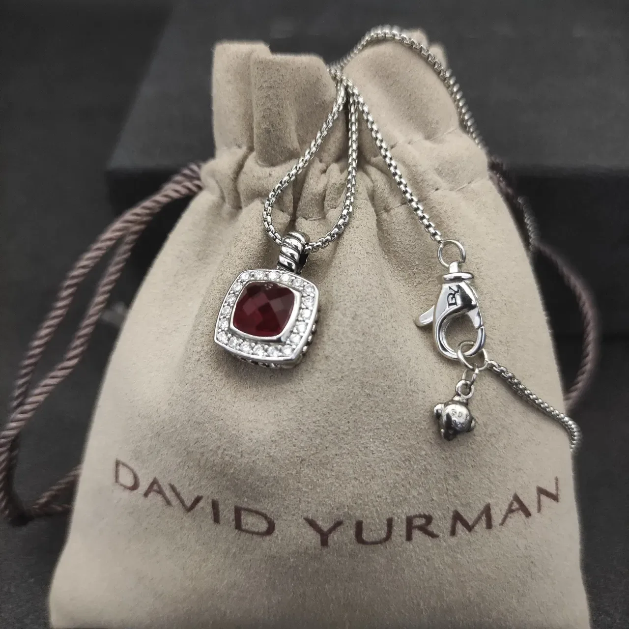 David Yurman Albion Red Silver Chain Square Pendant Necklace 2