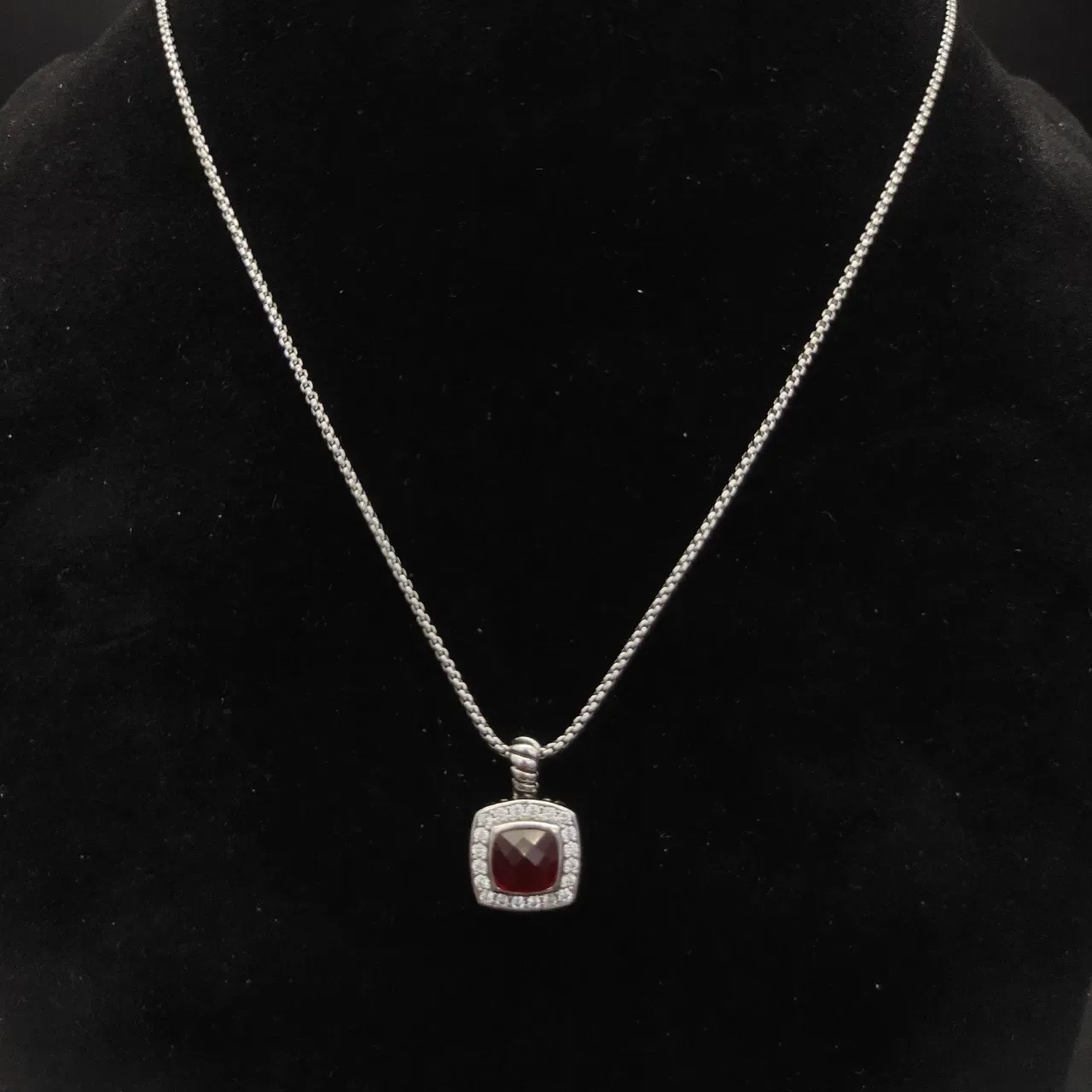 David Yurman Albion Red Silver Chain Square Pendant Necklace 3