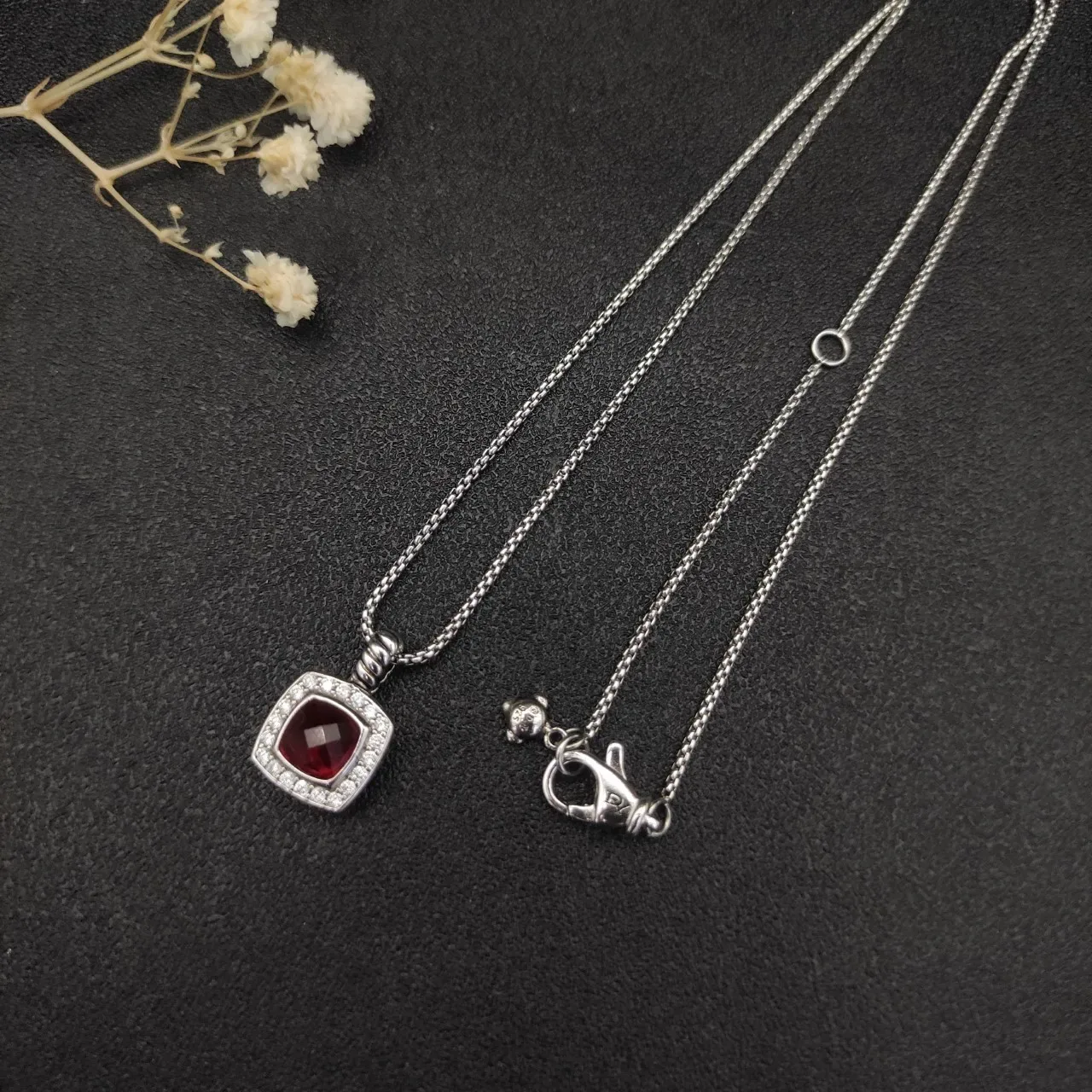 David Yurman Albion Red Silver Chain Square Pendant Necklace 4