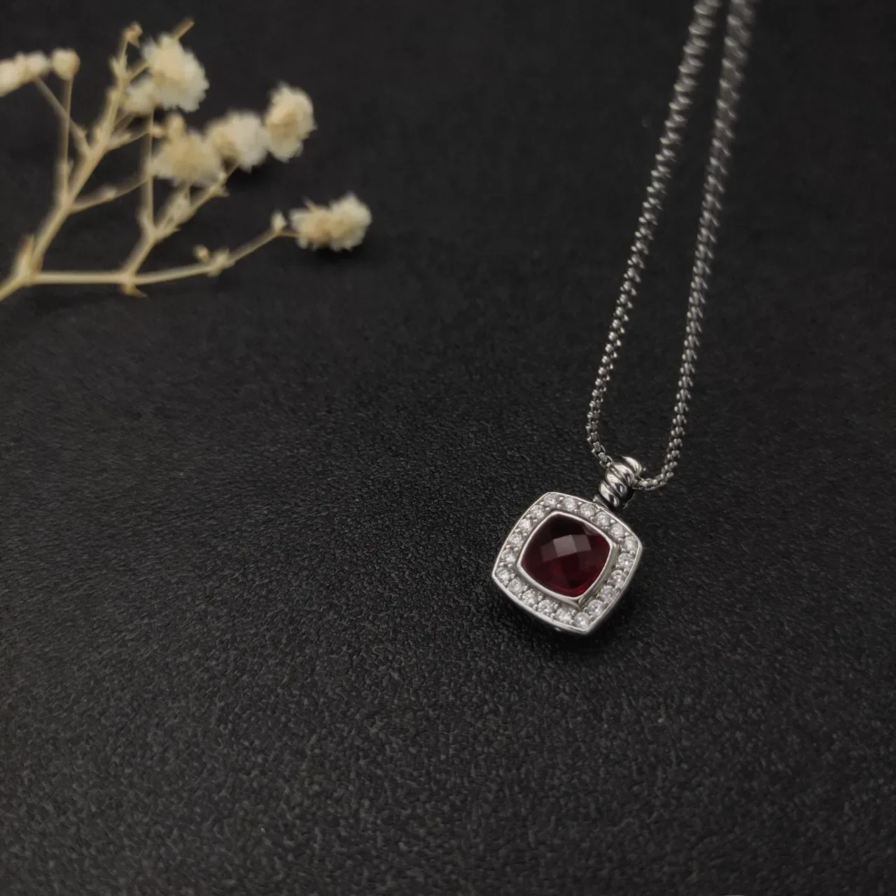 David Yurman Albion Red Silver Chain Square Pendant Necklace 5