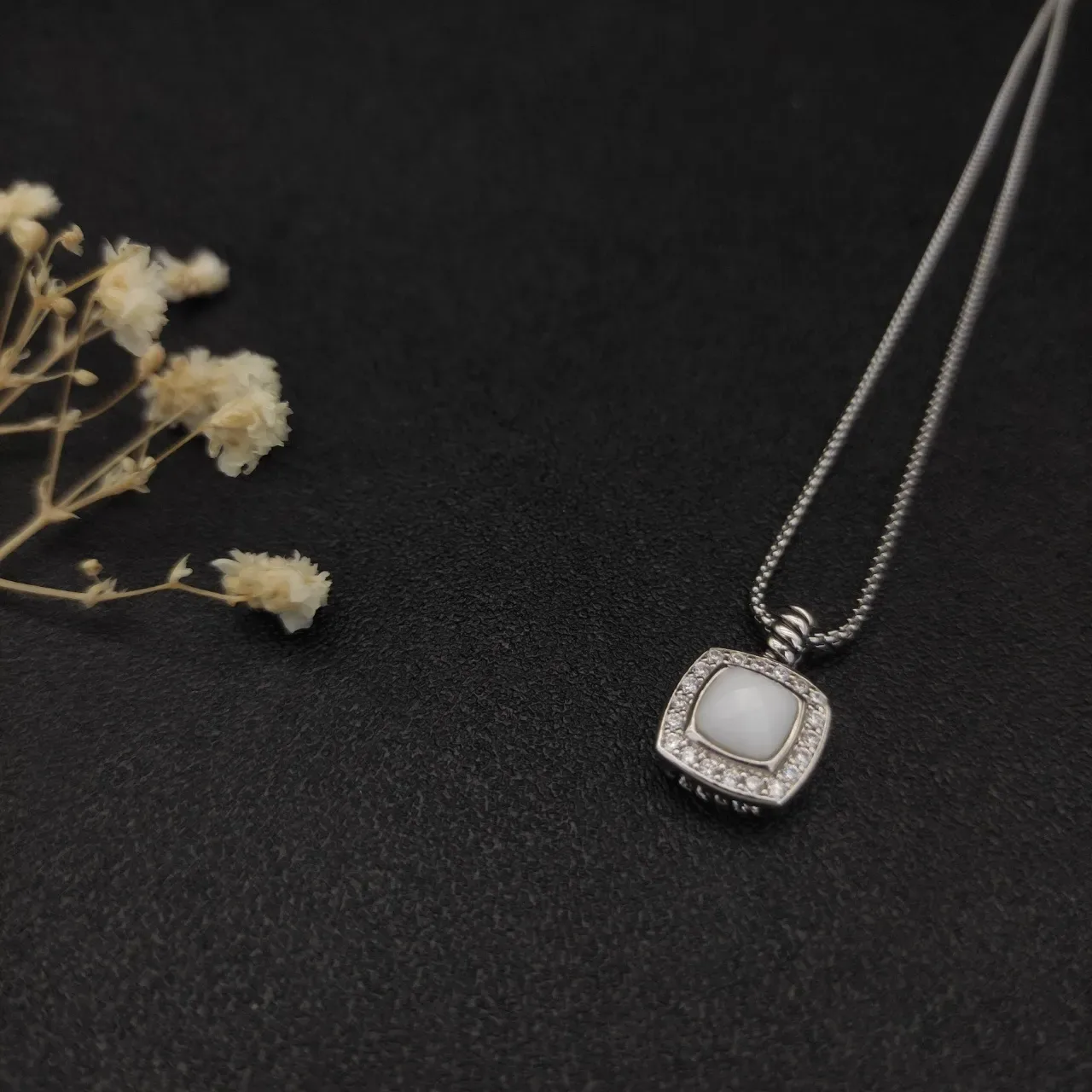 David Yurman Albion Silver White Square Cushion Pendant Pavé Halo Necklace 2