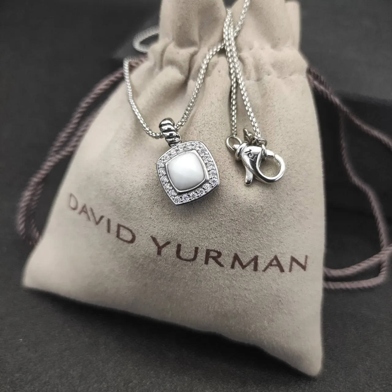 David Yurman Albion Silver White Square Cushion Pendant Pavé Halo Necklace 3