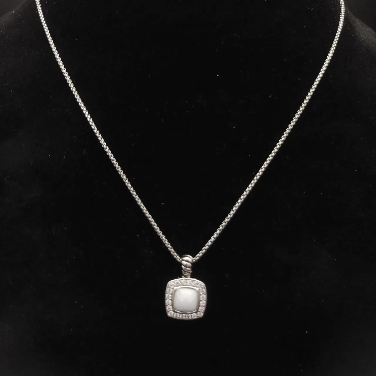 David Yurman Albion Silver White Square Cushion Pendant Pavé Halo Necklace 4