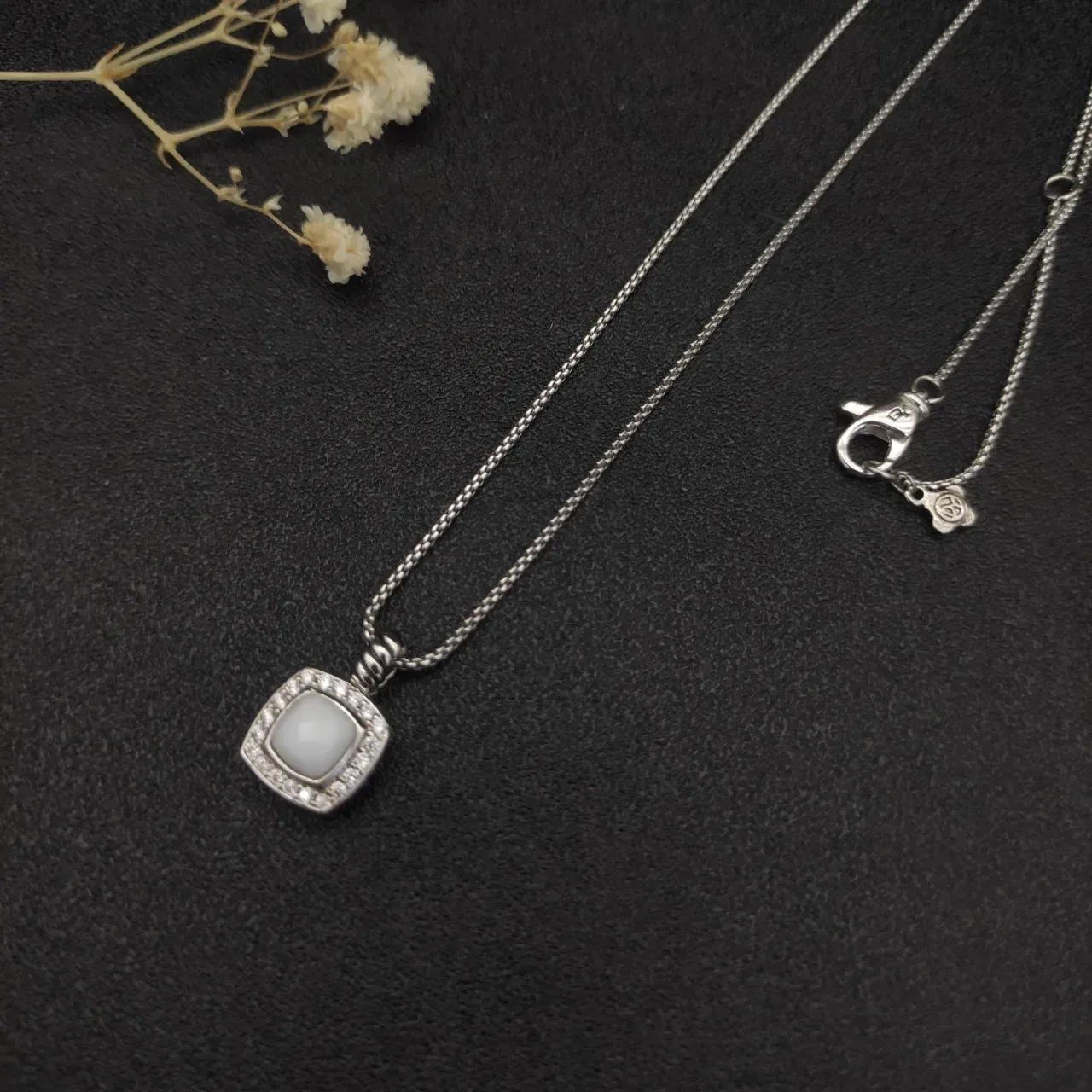 David Yurman Albion Silver White Square Cushion Pendant Pavé Halo Necklace 5