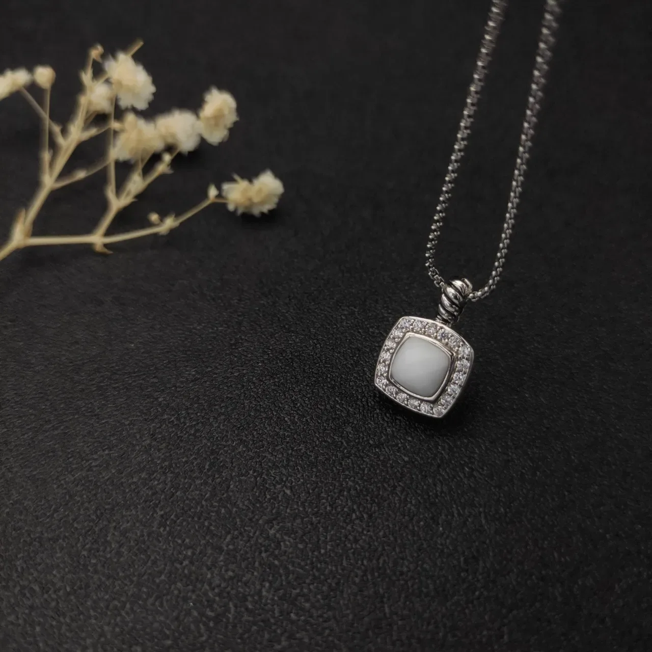 David Yurman Albion Silver White Square Cushion Pendant Pavé Halo Necklace 6