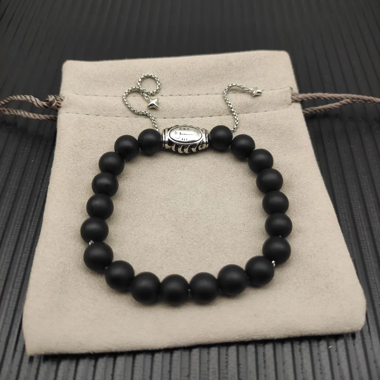 David Yurman Black Silver Matte Stone Beads Oval Signature Clasp Bracelet 3