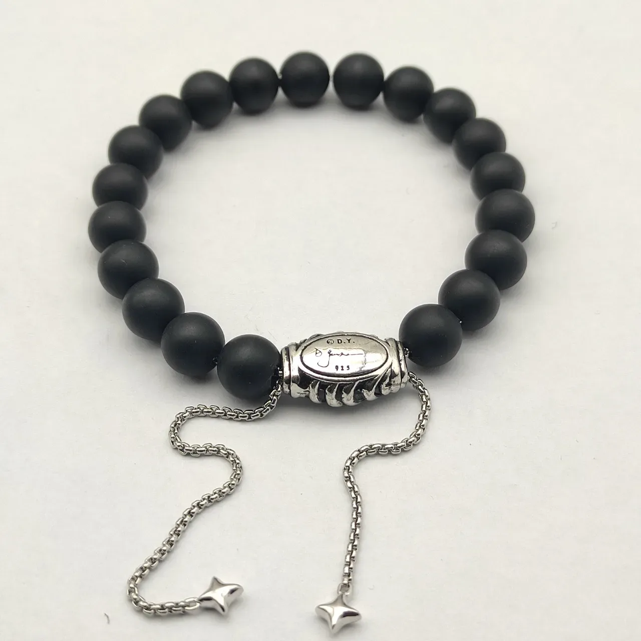 David Yurman Black Silver Matte Stone Beads Oval Signature Clasp Bracelet 7