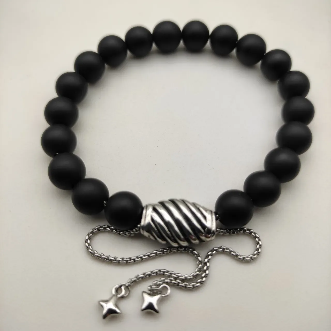 David Yurman Black Silver Matte Stone Beads Oval Signature Clasp Bracelet 8