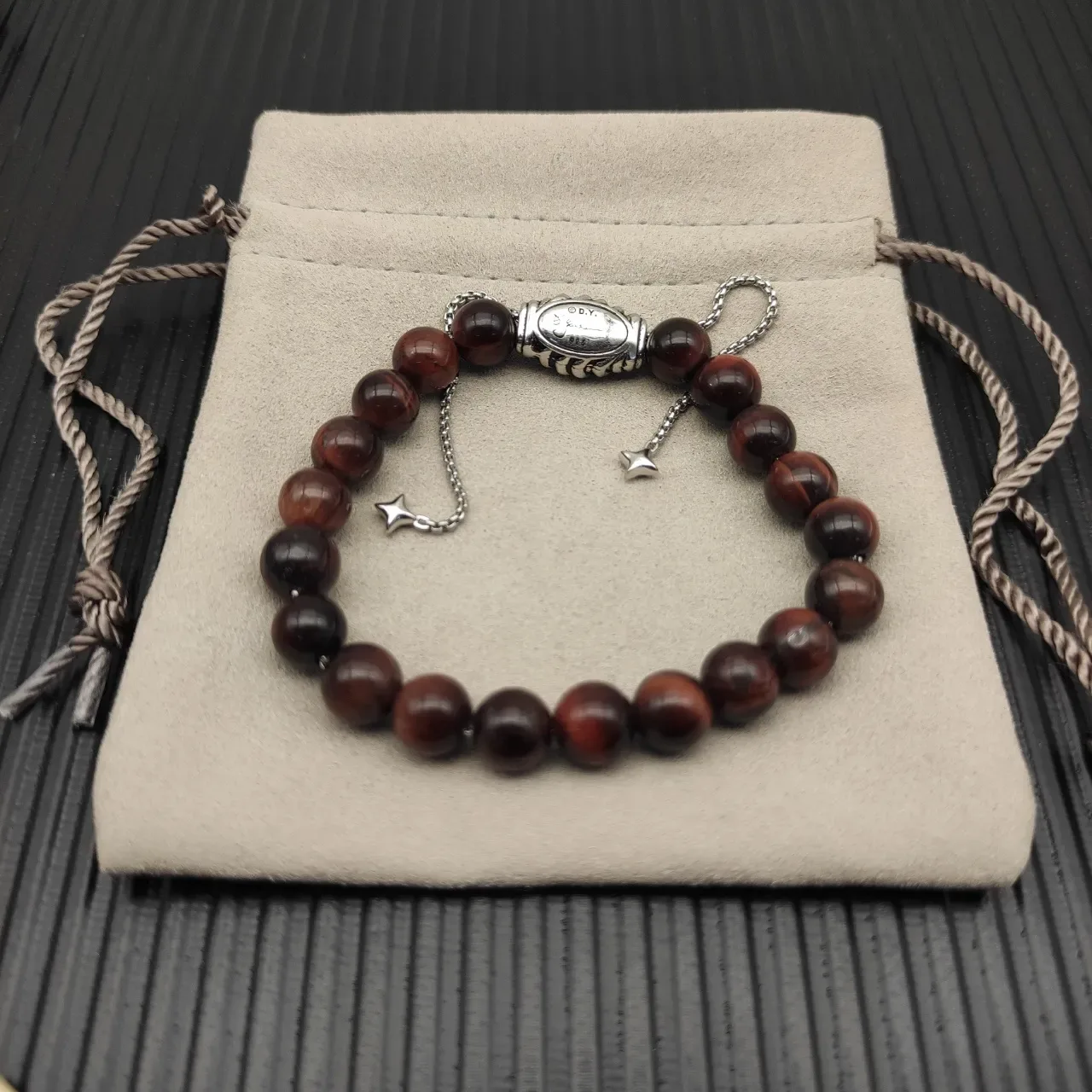 David Yurman Brown Silver Beaded Tiger's Eye Stone Bracelet 3