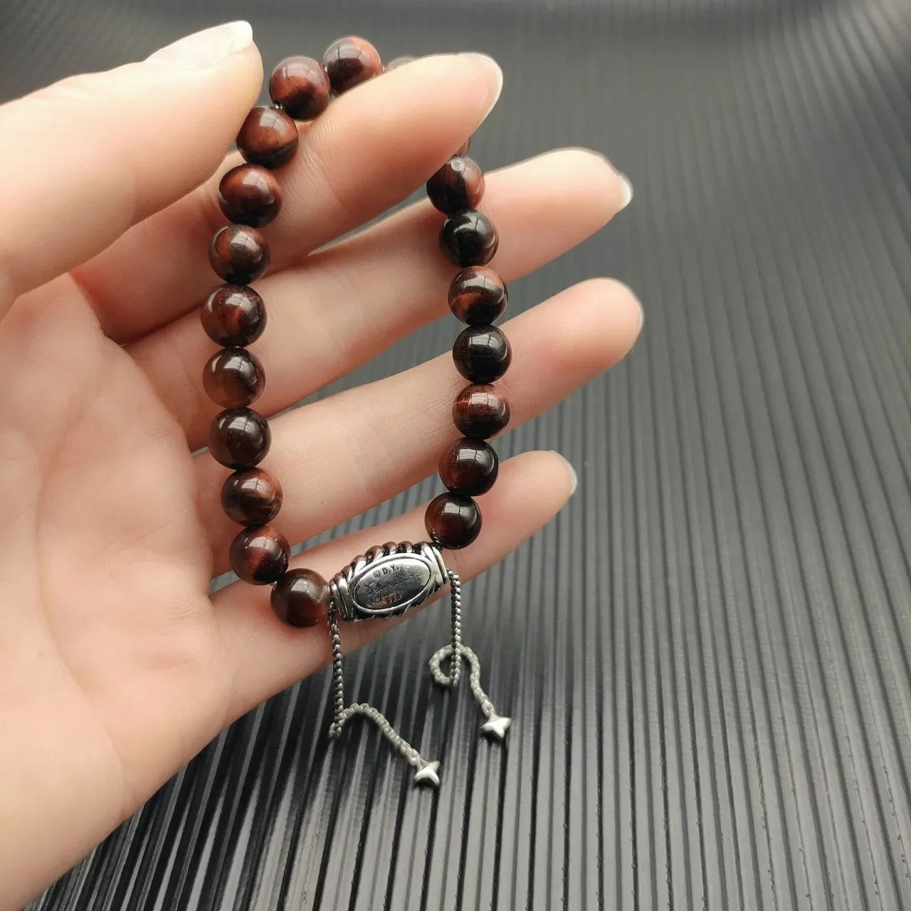 David Yurman Brown Silver Beaded Tiger's Eye Stone Bracelet 4