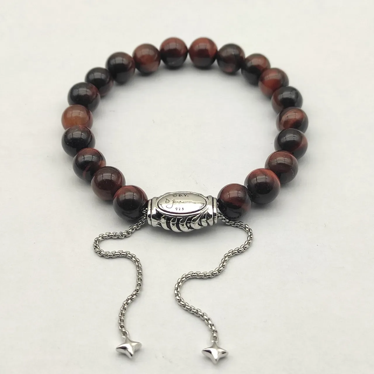 David Yurman Brown Silver Beaded Tiger's Eye Stone Bracelet 7