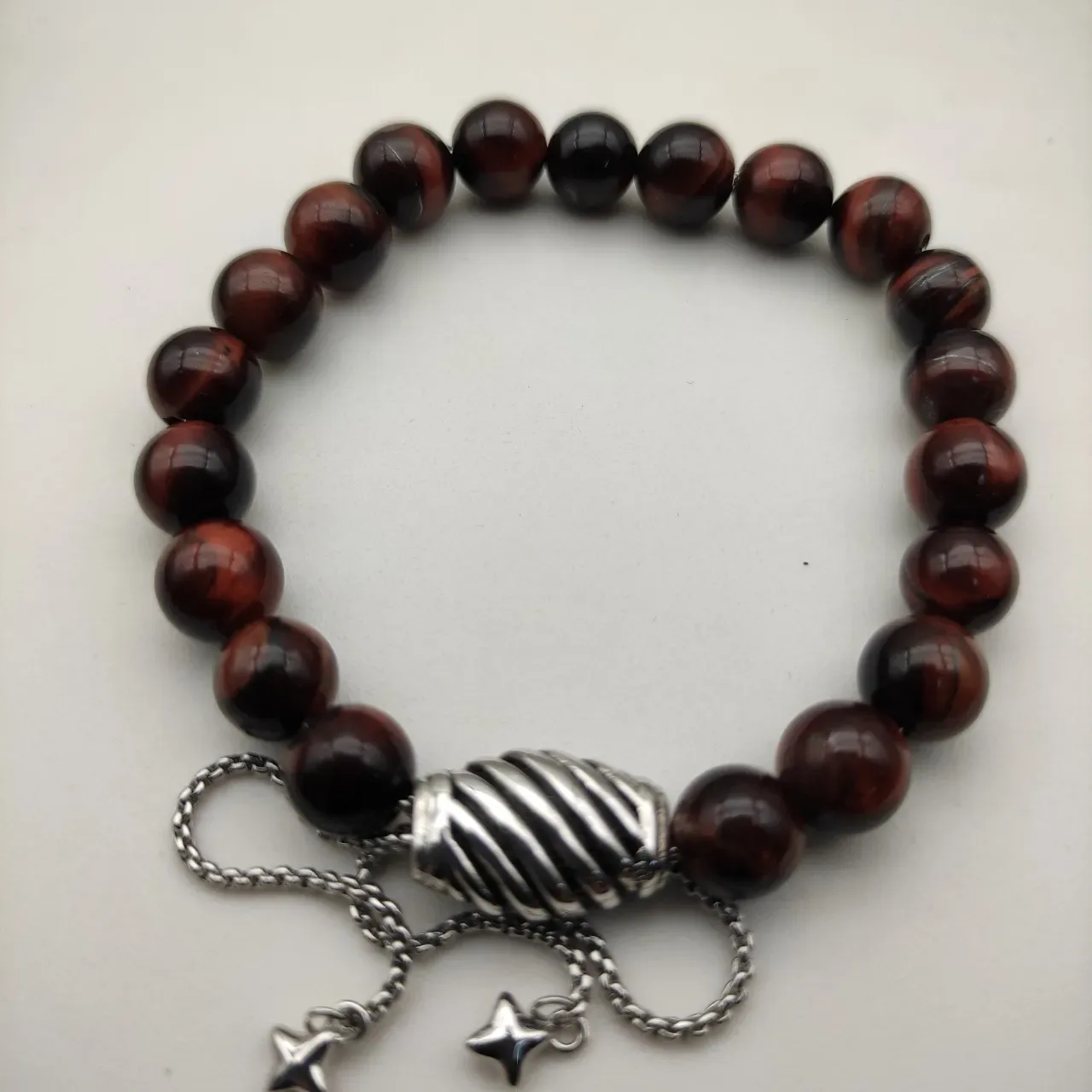David Yurman Brown Silver Beaded Tiger's Eye Stone Bracelet 8
