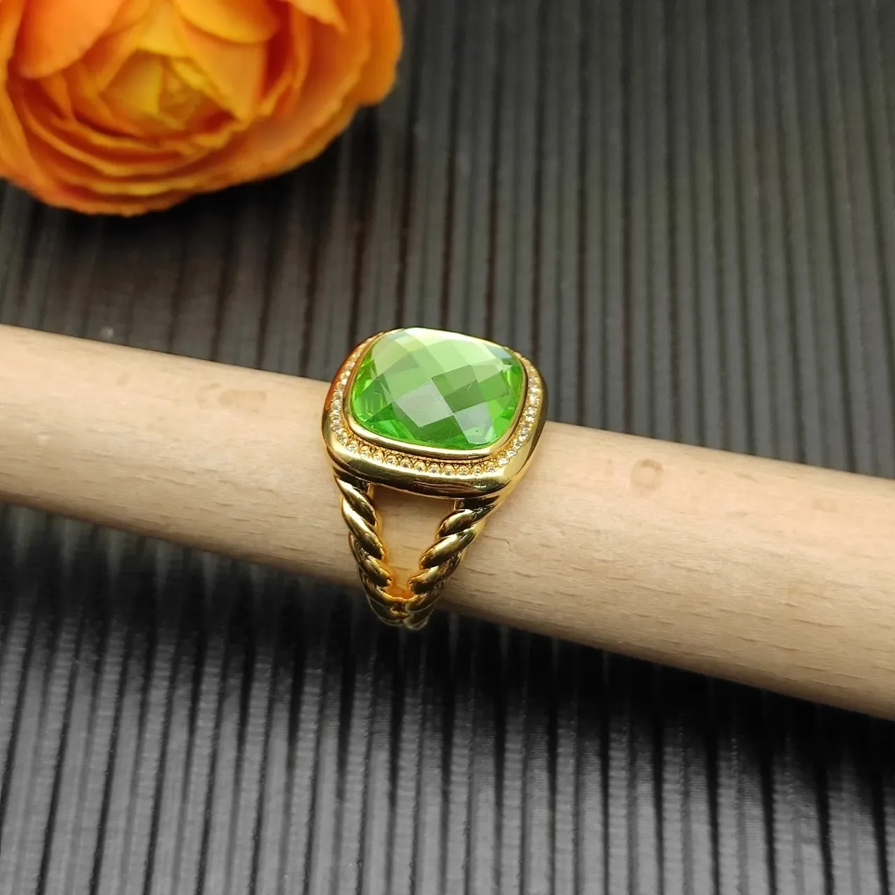 David Yurman Cable Classic Twisted Band Green Stone Ring 8