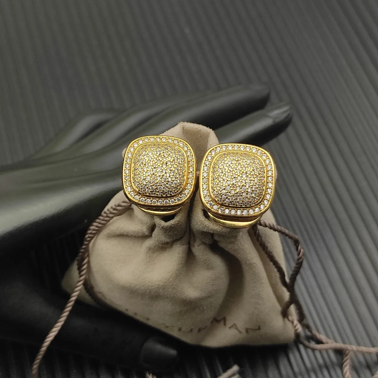 David Yurman Cable Classics Gold White Cushion-Shaped Pavé-Set Earrings 6