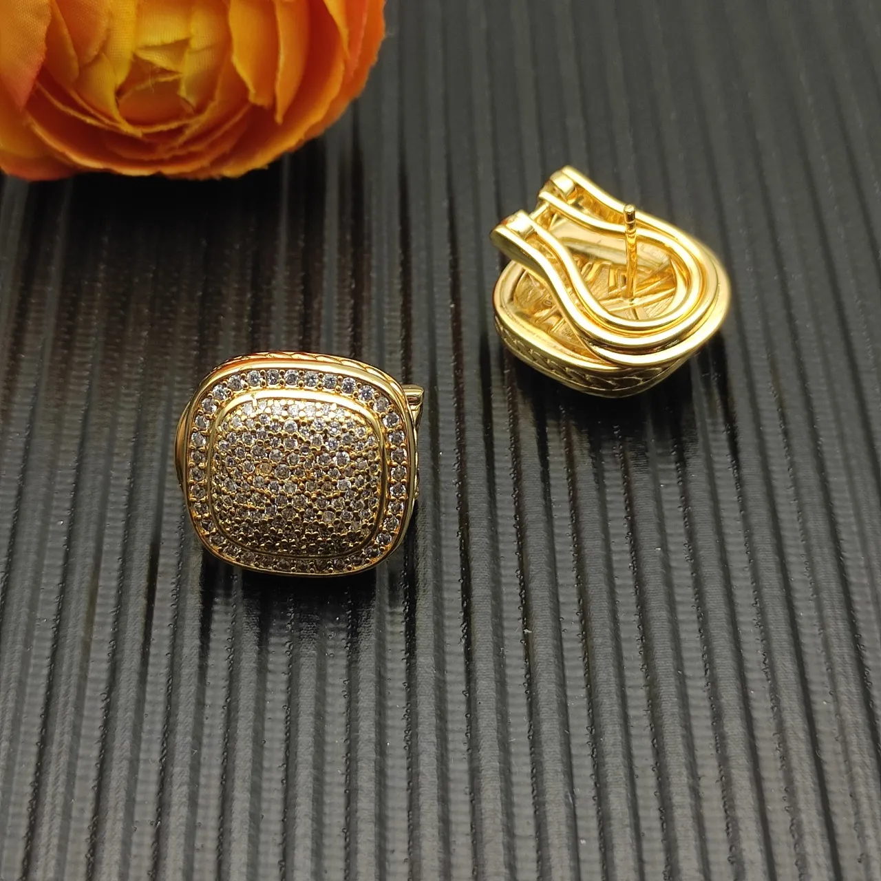David Yurman Cable Classics Gold White Cushion-Shaped Pavé-Set Earrings 9