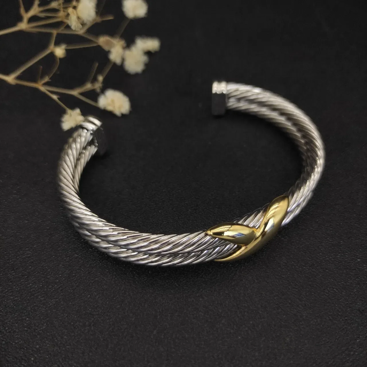 David Yurman Cable X Crossover Two-Tone Silver and Gold Open Cuff Bracelet 9