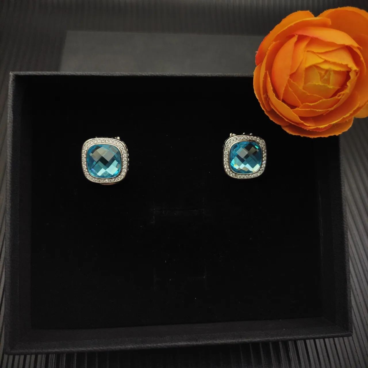 David Yurman Cushion-Cut Blue Gemstone Pavé Halo Earrings 7