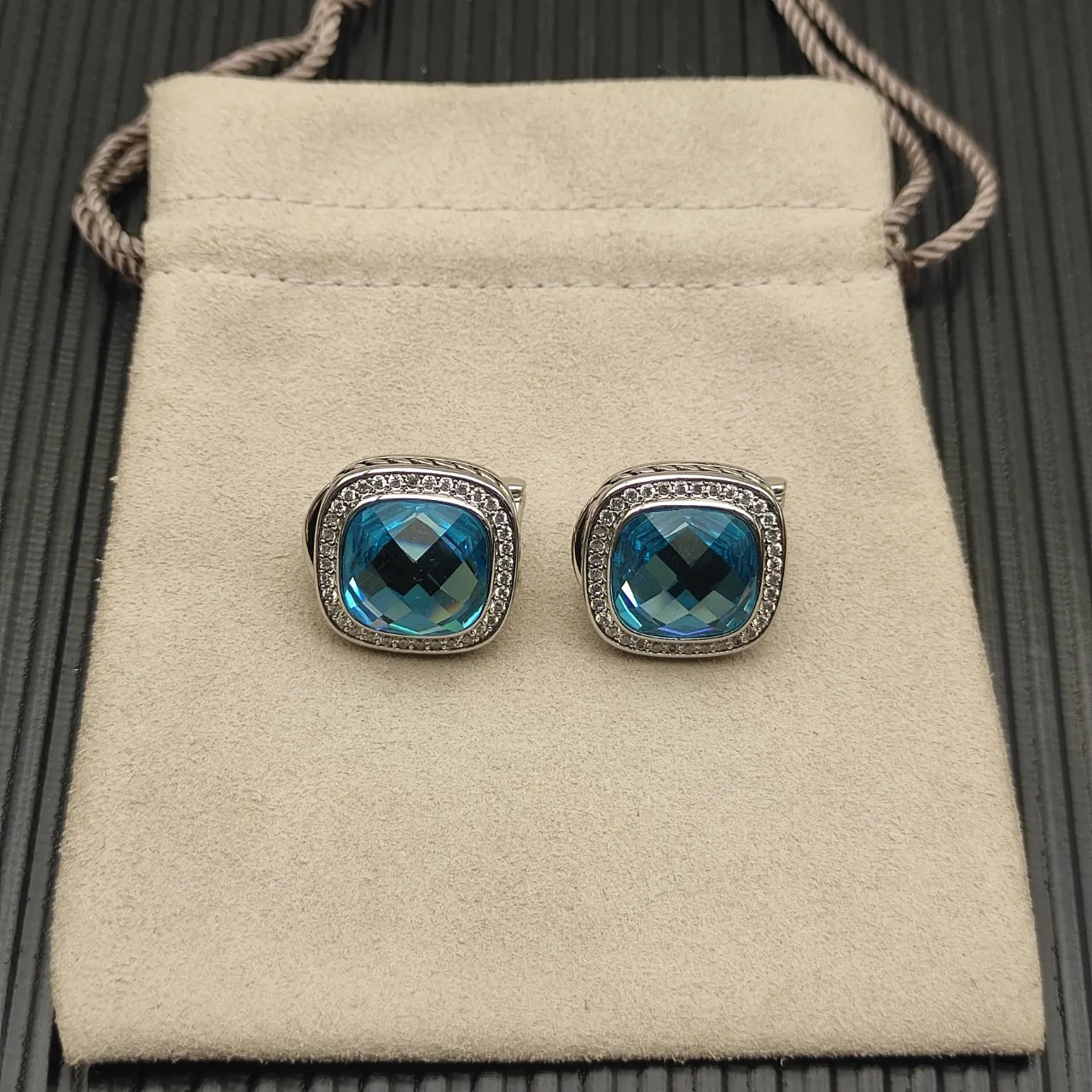 David Yurman Cushion-Cut Blue Gemstone Pavé Halo Earrings 11