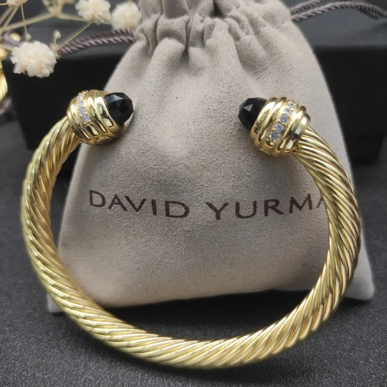 David Yurman Gold Black Twisted Cable Faceted Terminals Bracelet 2
