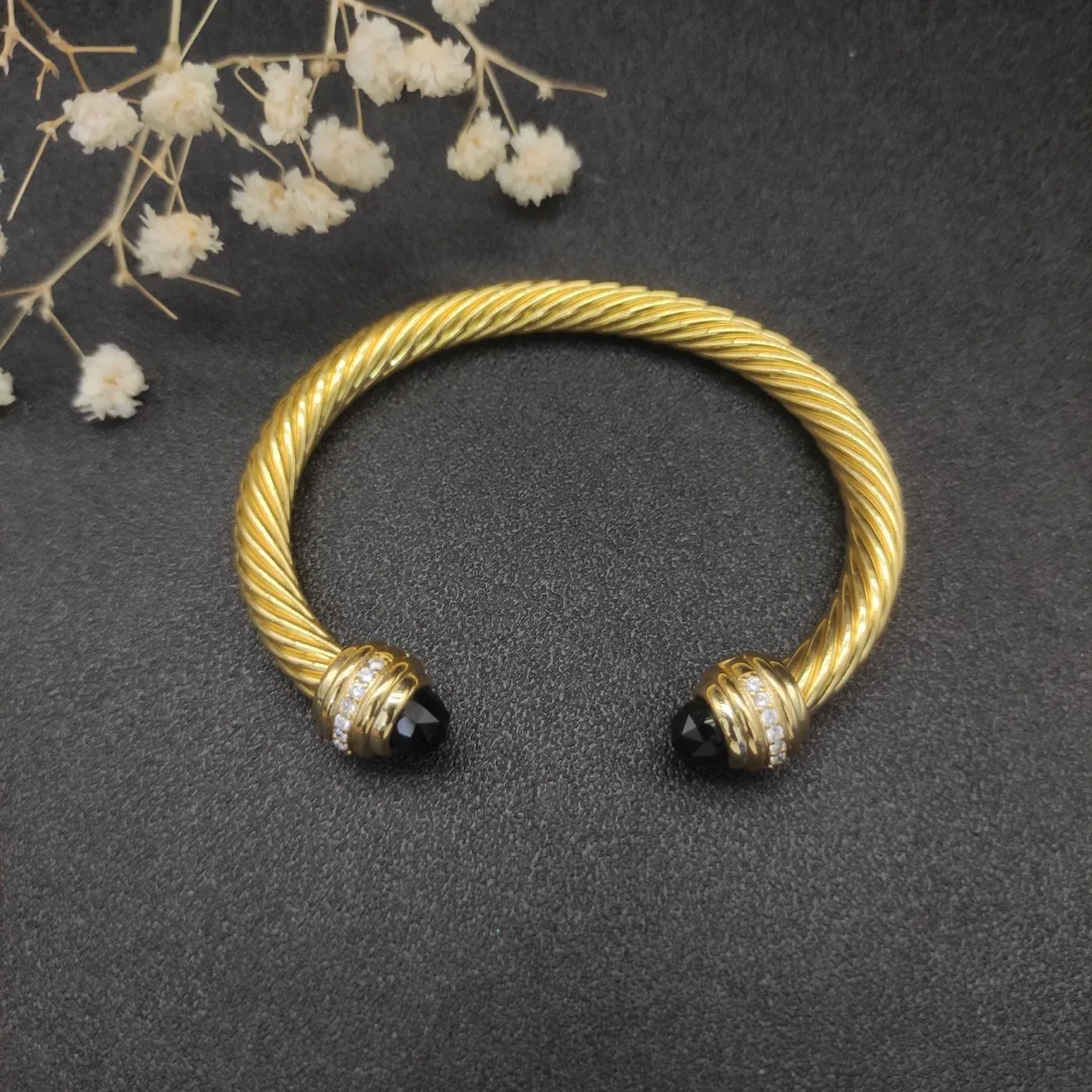David Yurman Gold Black Twisted Cable Faceted Terminals Bracelet 4