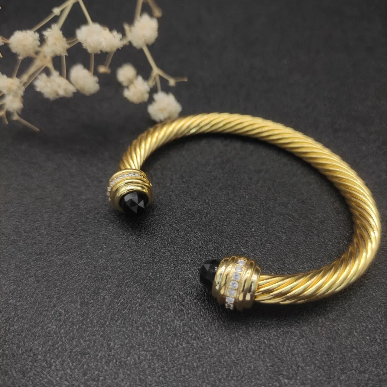 David Yurman Gold Black Twisted Cable Faceted Terminals Bracelet 5
