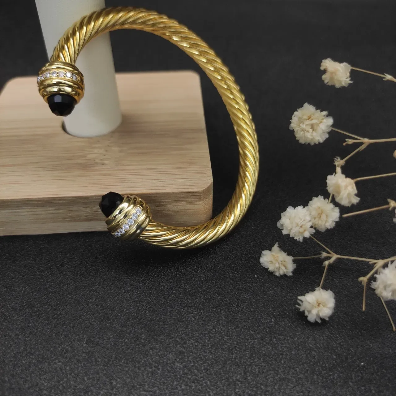 David Yurman Gold Black Twisted Cable Faceted Terminals Bracelet 6