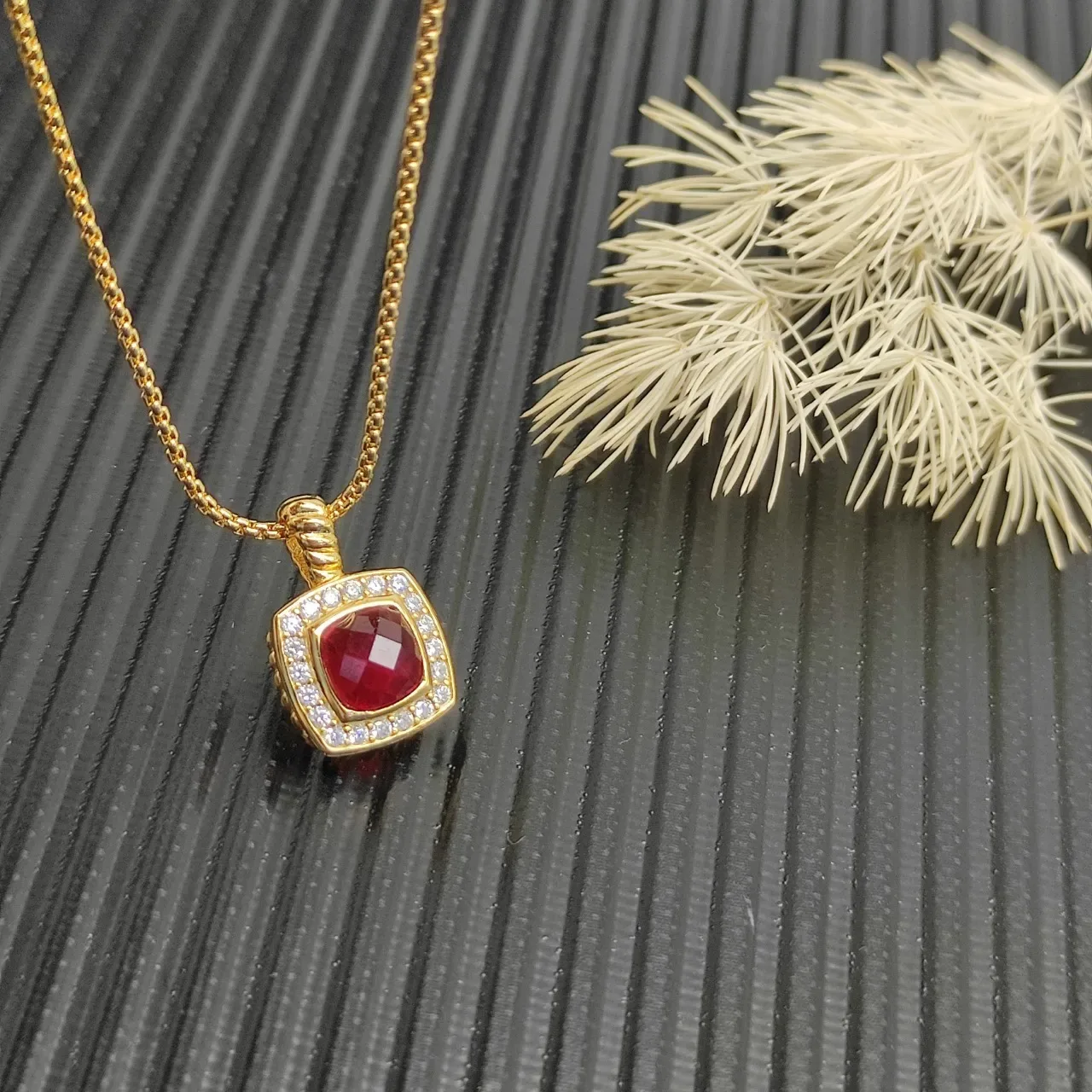 David Yurman Gold Red Curb Chain Cushion-Cut Gemstone Necklace 5