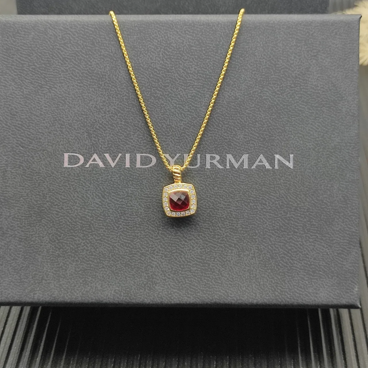 David Yurman Gold Red Curb Chain Cushion-Cut Gemstone Necklace 6
