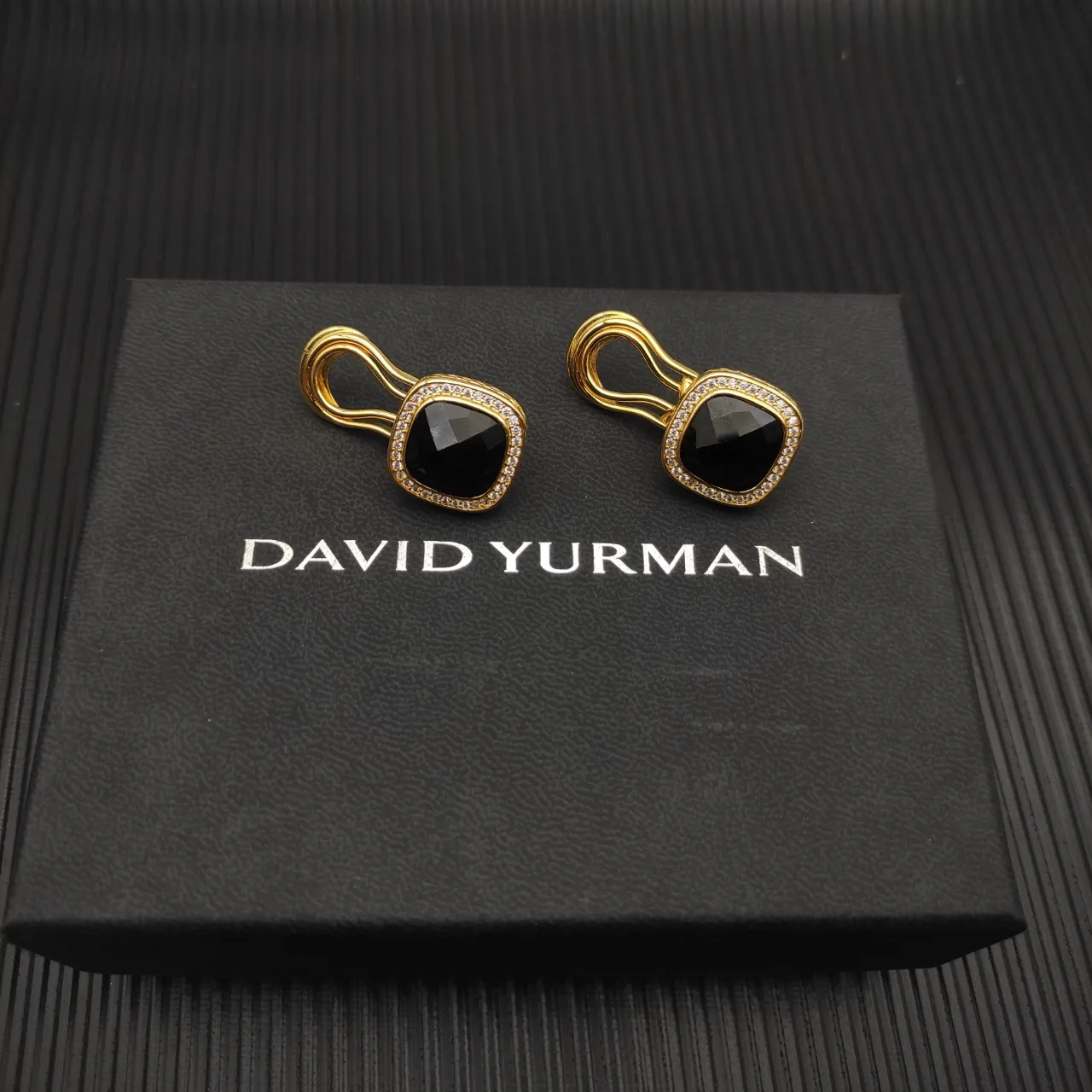 David Yurman Gold-Tone Black Cushion-Cut Pavé Halo Clip-On Earrings 8