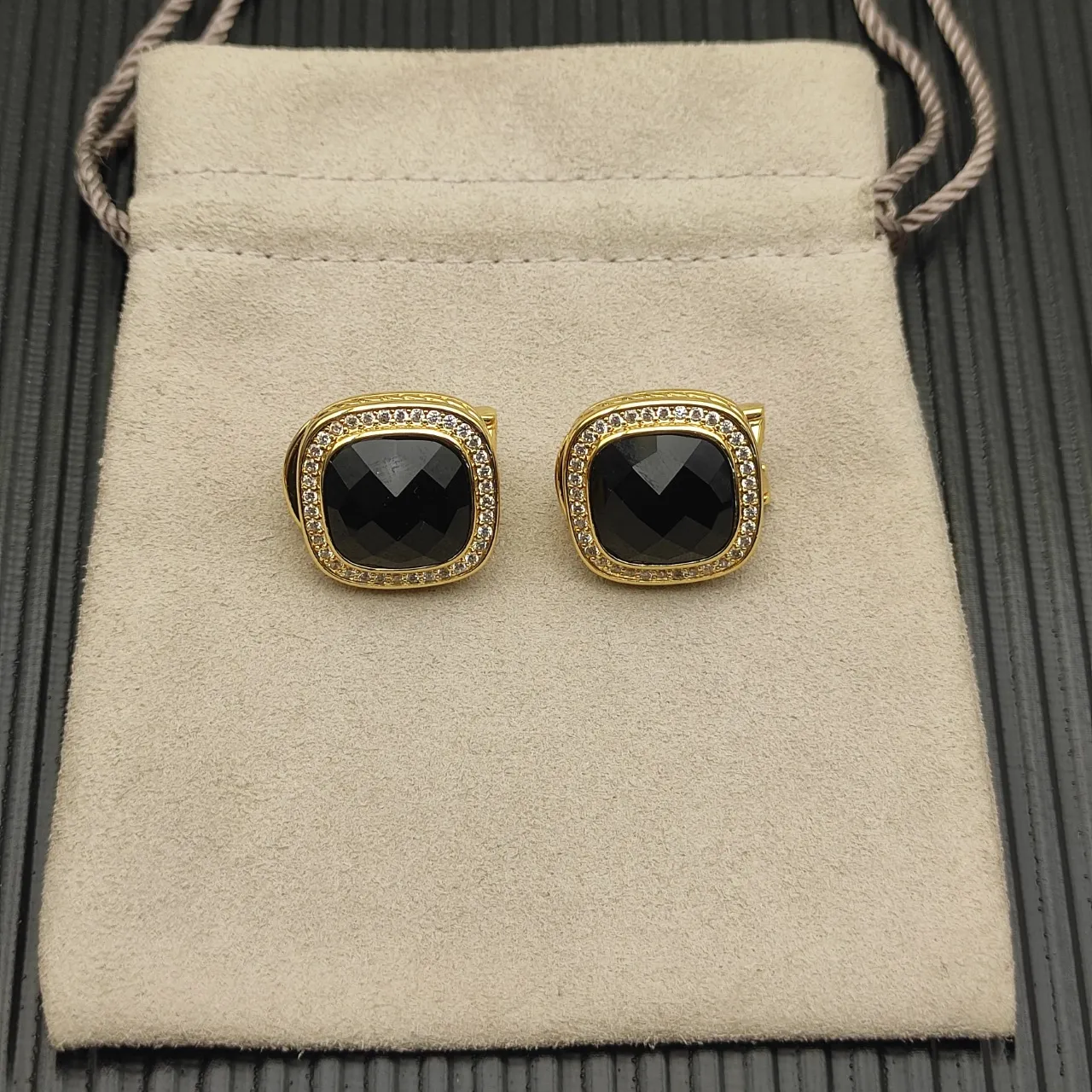 David Yurman Gold-Tone Black Cushion-Cut Pavé Halo Clip-On Earrings 11