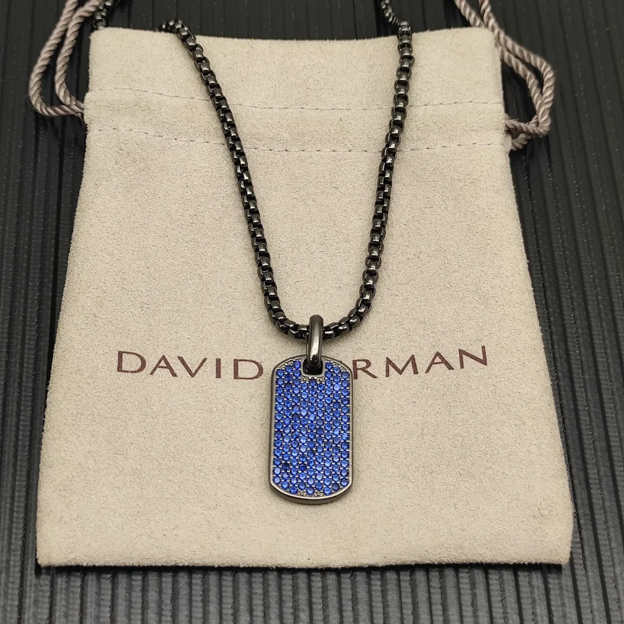 David Yurman Micro-Pave Blue Stone Dog Tag Necklace 1