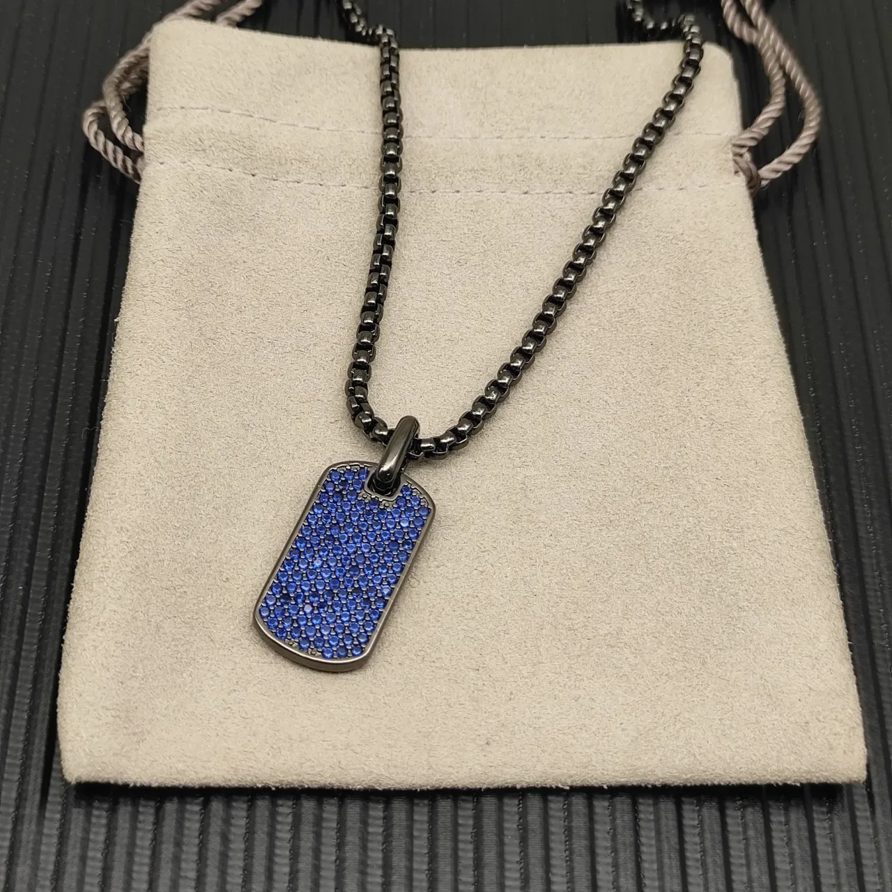 David Yurman Micro-Pave Blue Stone Dog Tag Necklace 10