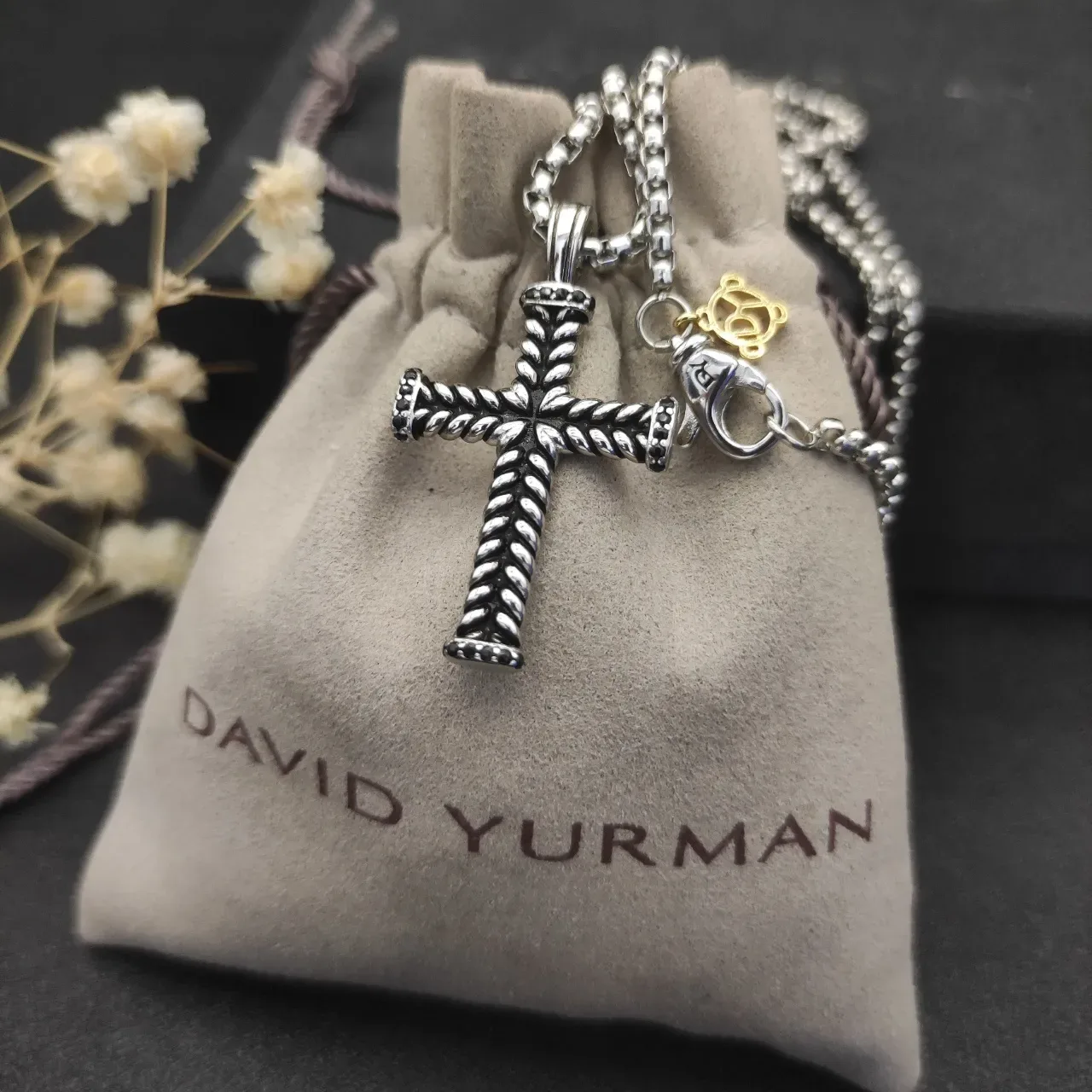 David Yurman Silver Black Cross Pendant Twisted Rope Detail Necklace 5