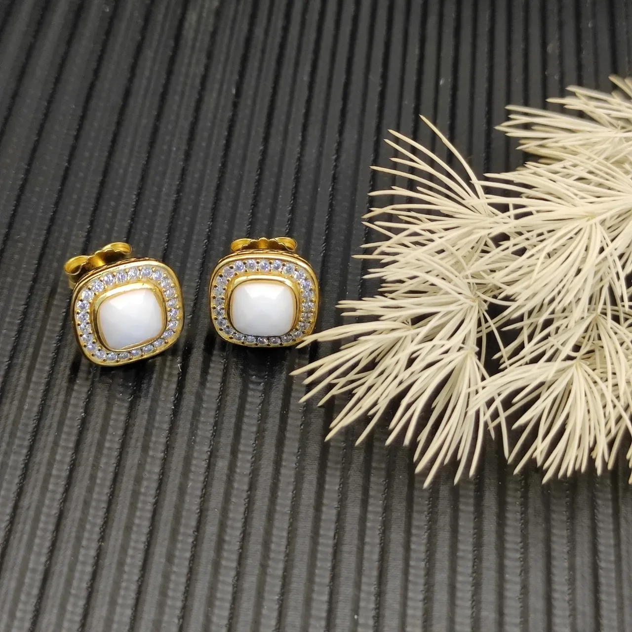 David Yurman Square Cushion Pavé Halo White Cabochon Stud Earrings 6
