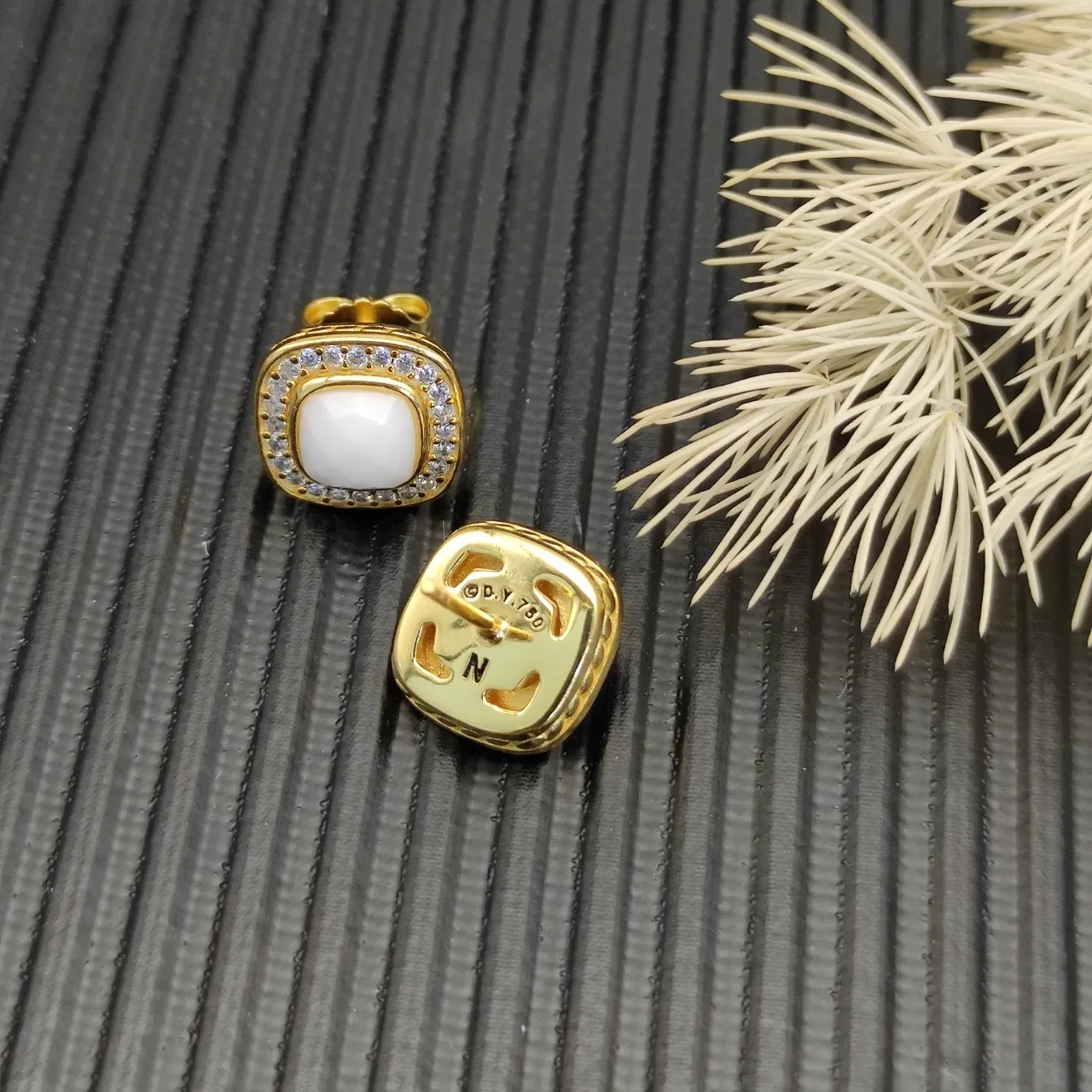 David Yurman Square Cushion Pavé Halo White Cabochon Stud Earrings 7