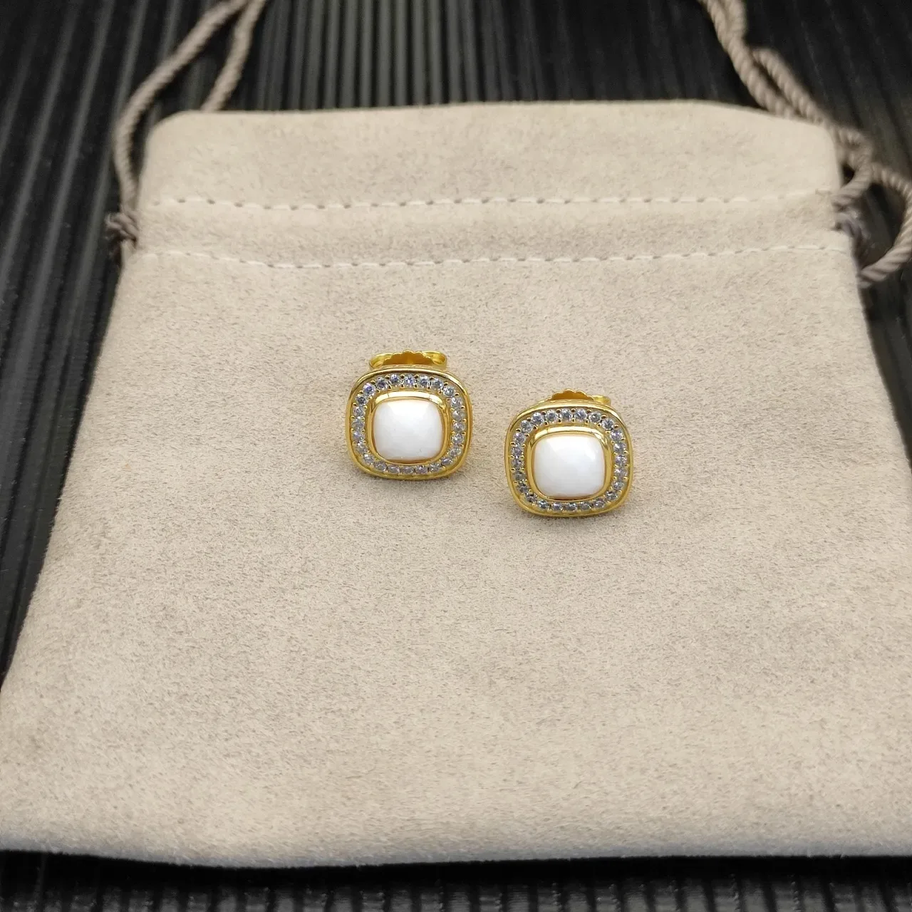 David Yurman Square Cushion Pavé Halo White Cabochon Stud Earrings 9