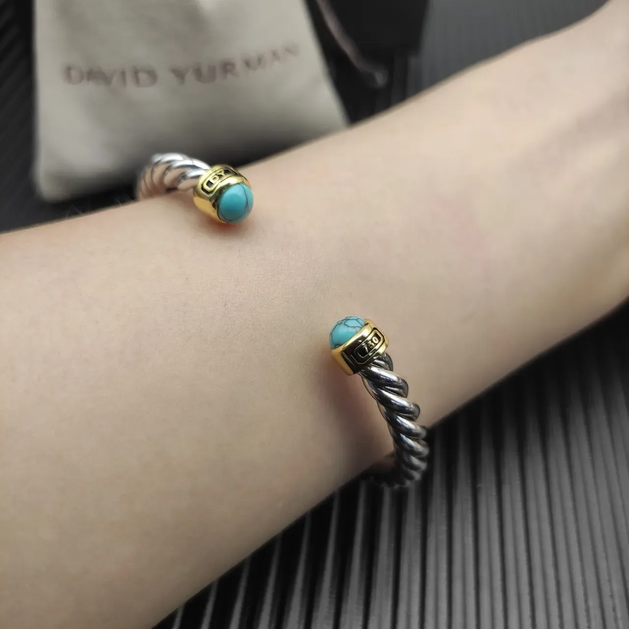 David Yurman Twisted Cable Turquoise and Gold-Tone Bracelet 4