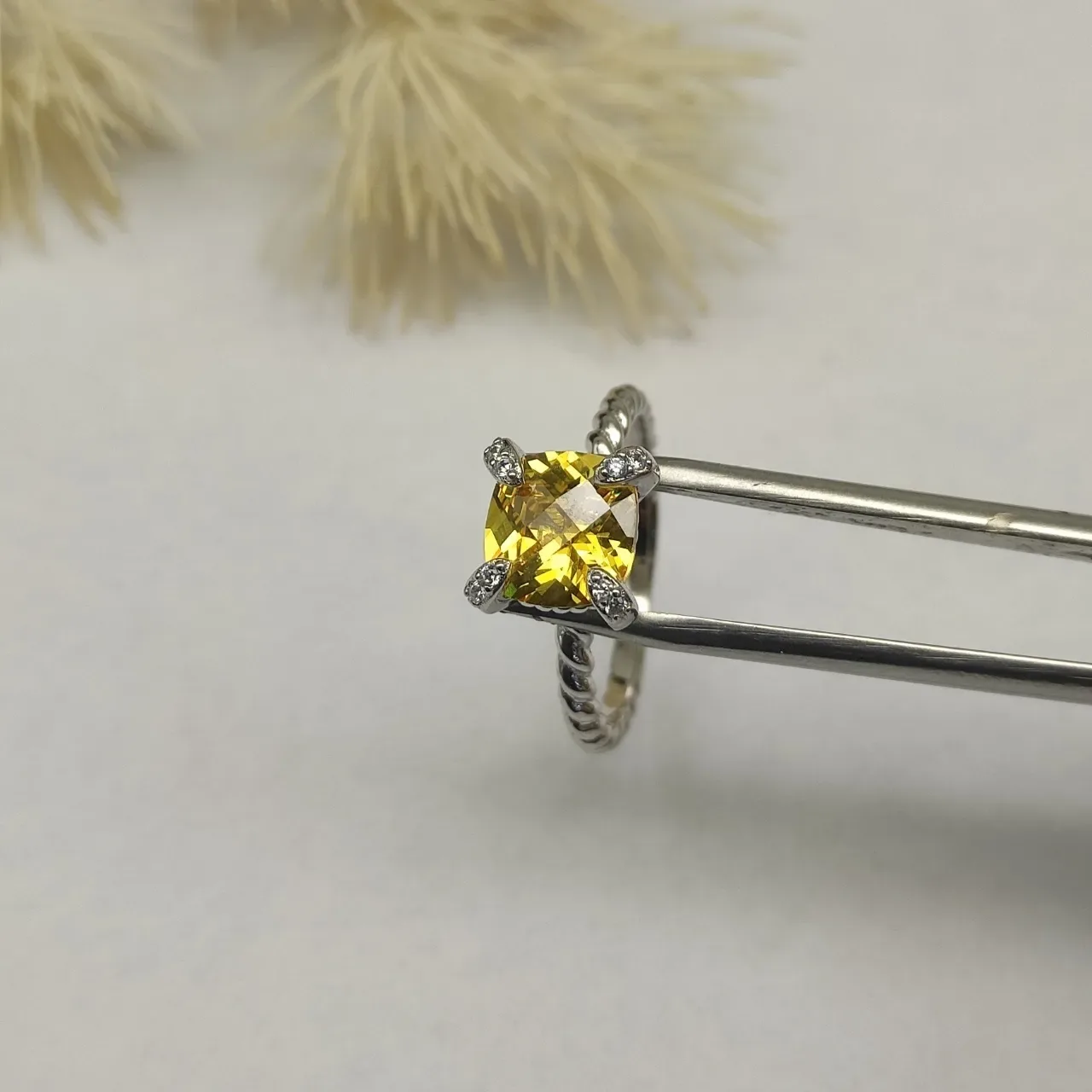 David Yurman Yellow Silver Twisted Cable Band Cushion-Cut Gemstone Ring 5