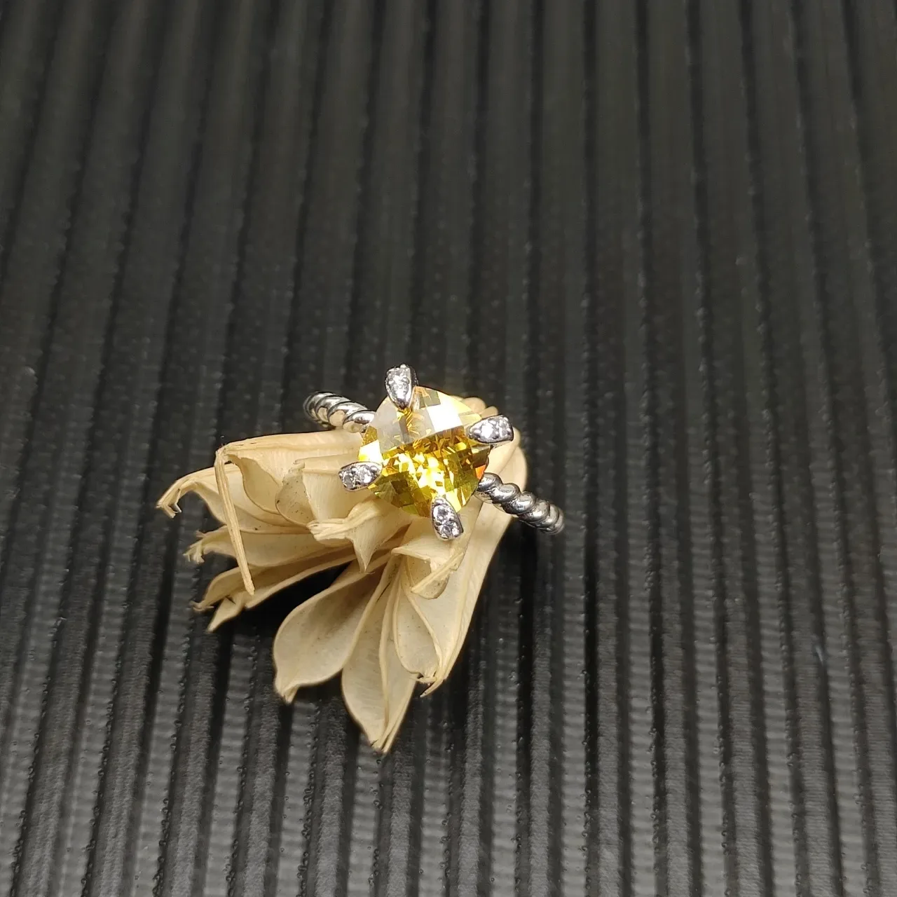 David Yurman Yellow Silver Twisted Cable Band Cushion-Cut Gemstone Ring 6